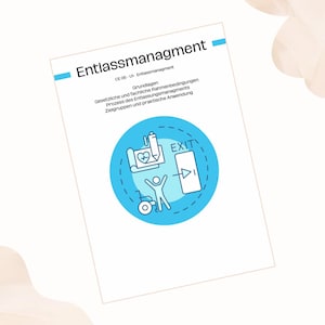 May include: A white document titled "Entlassmanagment" with blue accents. The document features a blue circle with illustrations of a heart, a person in a wheelchair, and an exit sign. Text includes "CE 06-US- Entlassmanagment" and other German phrases.