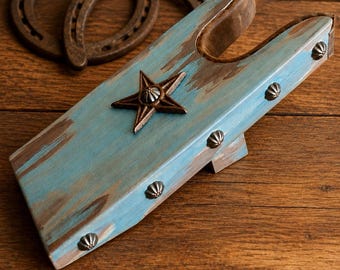 Turquoise Blue Boot Jack with Texas Star