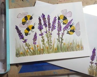 Lavender and Bees Hand Painted Card with Matching Envelope