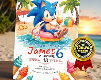 Sonic Pool Party Invitation – Editable Canva Template for a Fun Kids Birthday Party!