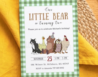 Little Bear Birthday Invitation, Little Bear Party Invite, Green Gingham Theme, Editable Canva Template, Digital Download