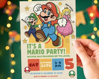 May include: A rectangular party invitation card featuring Mario, Luigi, and Princess Peach. The text reads IT'S A MARIO PARTY! OLIVER HAS POWERED UP TO LEVEL 5. Includes date, time, location, and RSVP details. The design features stars and mushrooms.