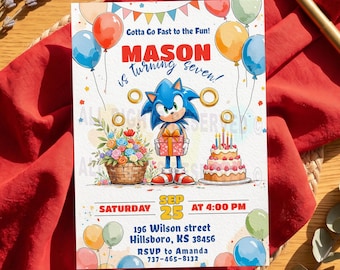 May include: A birthday invitation card featuring a blue hedgehog character holding a gift, a basket of colorful flowers, and a cake with candles. The text reads: Gotta Go Fast to the Fun! MASON is turning seven! SATURDAY SEP 25 AT 4:00 PM 196 Wilson street Hillsboro, KS 38456 RSVP to Amanda 737-465-8132.