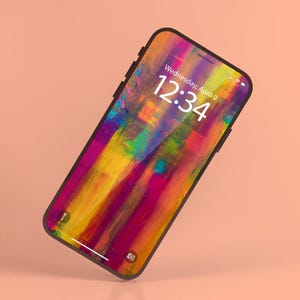 May include: A black smartphone with a colorful abstract art display. The screen shows the time as 12:34 on Wednesday, April 9. The background is a peach color.