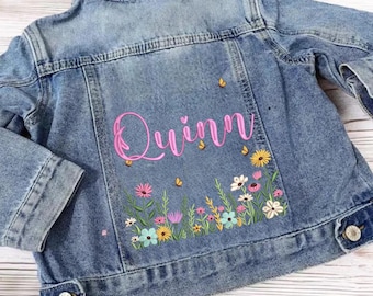 Custom Name Kids Denim Jacket, Personalized Floral Jean Jacket, Girls Embroidered Name Coat, Cute Spring Outfit, Birthday Gift for Kids
