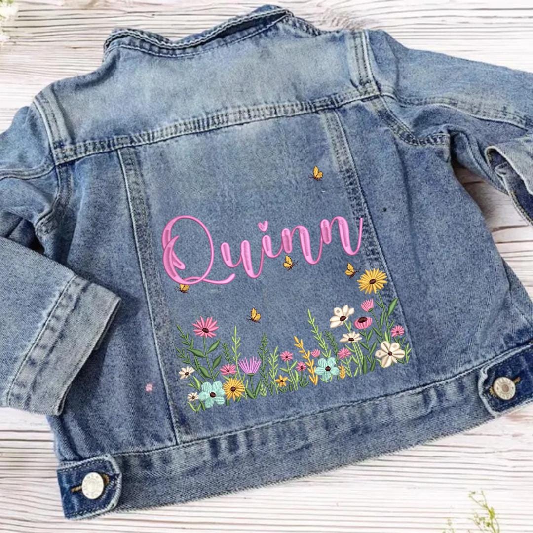 Custom Name Kids Denim Jacket, Personalized Floral Jean Jacket, Girls Embroidered Name Coat, Cute Spring Outfit, Birthday Gift for Kids