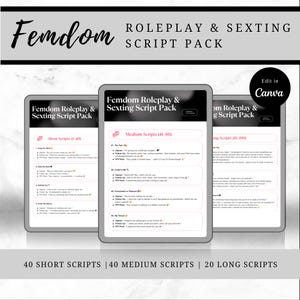 May include: Three digital tablets displaying a "Femdom Roleplay & Sexting Script Pack" with the text "Femdom" at the top. The tablets show script categories: Short, Medium, and Long Scripts. The bottom of the image reads: "40 Short Scripts | 40 Medium Scripts | 20 Long Scripts."