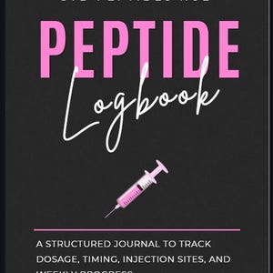 May include: A black journal cover with the text "SYD PEPTIDES HUB" and "PEPTIDE Logbook" in pink and white. A pink syringe illustration is featured below the title. The journal is designed to track dosage, timing, injection sites, and weekly progress.