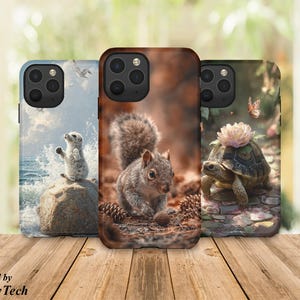 Funda para teléfono con diseño de animales adorables, funda para teléfono con diseño de animales bebés, funda estética con diseño de naturaleza, diseño de ardilla, tortuga y foca, funda adorable con diseño de vida silvestre, idea para regalo.