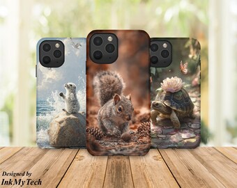 Cute Animal Phone Case, Baby Animal Phone Case, Aesthetic Nature Phone Cover, Squirrel Turtle Seal Design, Adorable Wildlife Case, Gift Idea