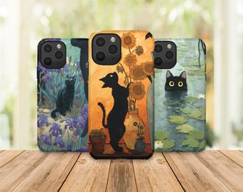 Van Gogh Inspired Cat Phone Case, Artistic Oil Painting iPhone Case, Sunflower & Lily Cat Cover