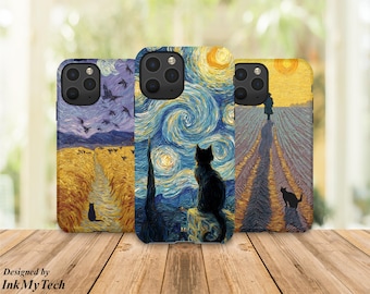 Van Gogh Black Cat Soft Phone Case | Starry Night Wheatfield Lavender Art Cover | Artistic Aesthetic Gift for Her | iPhone Samsung Case