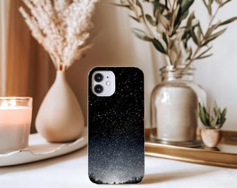 Starry Night Phone Case, Winter Sky Landscape iPhone Case, Minimal Black Galaxy Cover for Samsung
