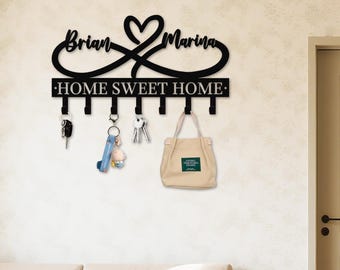 Personalized Key Holder, Wall Metal Key Holder, Custom Name Key Rack with Hooks, Infinity Heart Key Hooks, Key Hanger, Wall Metal Sign