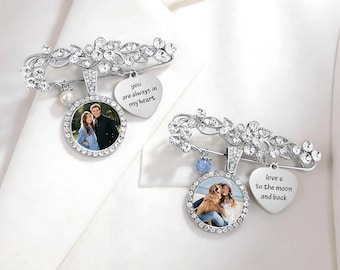 Custom Wedding Bouquet Charm, Memorial Bridal Photo Charm, Personalized Heart Text Pin, Rhinestone Crystal Picture Charms for Bride