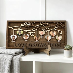 Custom Family Tree Heart Photo Frame, Personalized 3-8 Photos Wooden Family Tree, Mother's Day Gift for Mom, Memory Keeper, Grandparent Gift