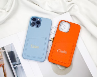 Personalized Leather iPhone Case with Card Holder: Foil Monogrammed Phone Cover