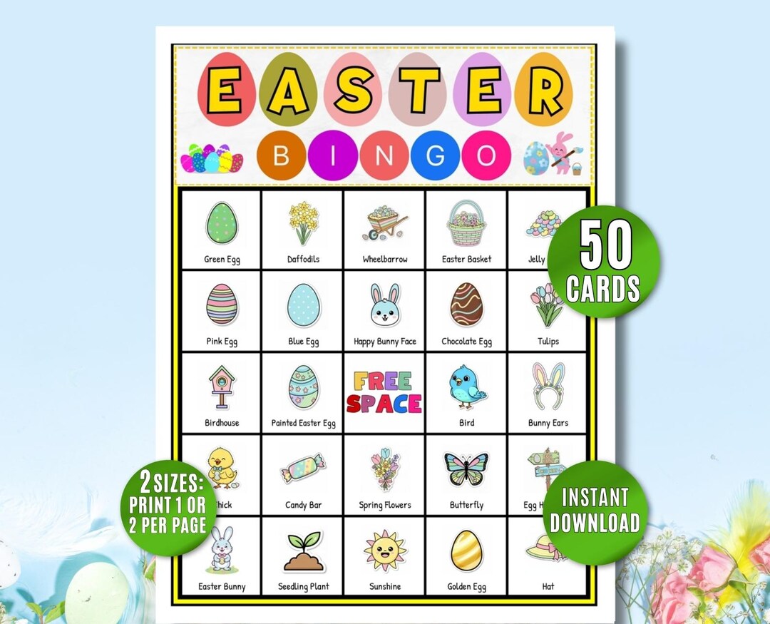 50 Easter Bingo Cards, Easter Activity for Kids, Printable Easter Games ...