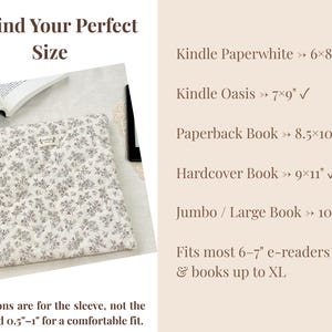 May include: A floral print book sleeve in cream and gray, with text that reads "Find Your Perfect Size." The sleeve is shown with a book and other accessories. The text lists sizes for Kindle Paperwhite (6x8 inches), Kindle Oasis (7x9 inches), and other books.
