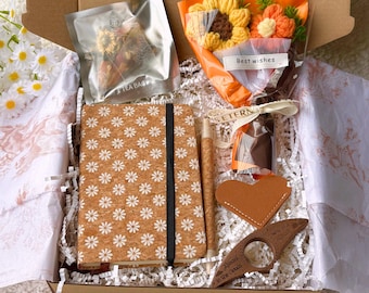 Cork Notebook Gift Set | Sunflower Crochet Bouquet, Tea, Pen, Bookmark | Graduation Gift Box, College Graduation Gift for Her