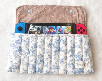 Quilted Switch 1&2 Case, Coquette Switch Case, Cotton Switch Case with Game Card Storage, Soft Blue Flower Switch 2 Accessories