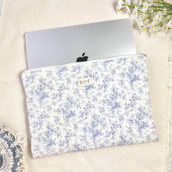 Quilted Laptop Sleeve,  Coquette Laptop Bag, Blue Flower MacBook Sleeve, Laptop Accessories, College Graduation Gift