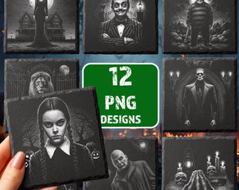 May include: A collection of black square coasters featuring grayscale illustrations of characters and scenes. The coasters include images of a woman in a long dress, a man in a striped suit, and the text "12 PNG DESIGNS" on a green background.