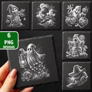May include: Set of six black square coasters with Halloween-themed designs. Each coaster features a different grayscale illustration of ghosts, pumpkins, and other spooky elements. The coasters are displayed on a dark surface, with a green and white "6 PNG DESIGNS" label.