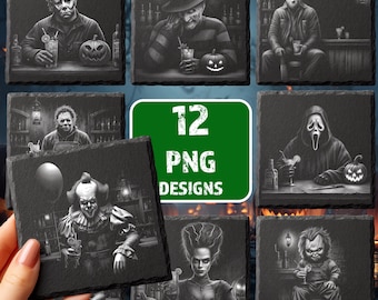 May include: A collection of 12 PNG designs featuring horror movie characters. Each design is a grayscale illustration of a character at a bar, with a pumpkin and a drink. The designs are on square, dark gray coasters.