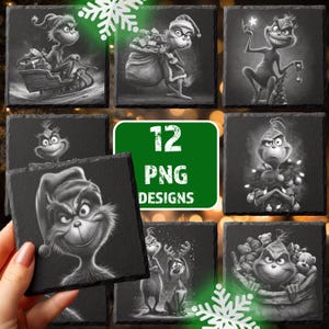 Puede incluir: Un conjunto de 12 diseños PNG con el Grinch en varias poses. Los diseños en blanco y negro se presentan sobre fondos oscuros. Una imagen muestra una mano sosteniendo un posavasos con la cara del Grinch. Ideal para proyectos temáticos navideños.