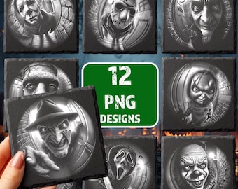 May include: A collection of black and white horror-themed coasters featuring iconic characters like Michael Myers, Jason Voorhees, and Freddy Krueger. The coasters are square-shaped and made of a dark, textured material. The image also includes a green sign with the text "12 PNG DESIGNS".