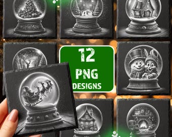 May include: A collection of 12 PNG designs featuring various grayscale snow globes with Christmas themes. Each square design showcases a different winter scene, including a Christmas tree, a snowy street, and Santa's sleigh.