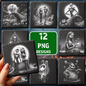 Könnte beinhalten: Set mit 12 PNG-Designs mit Charakteren aus einem beliebten Animationsfilm. Die Schwarz-Weiß-Designs zeigen Jack Skellington, Sally und andere Charaktere. Die Designs sind auf quadratischen, dunkelgrauen Untersetzern abgebildet.