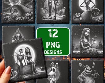 May include: Set of 12 PNG designs featuring characters and scenes from a popular animated movie. The designs are in black and white, with images of Jack Skellington, Sally, and other characters. The designs are on square, dark gray coasters.