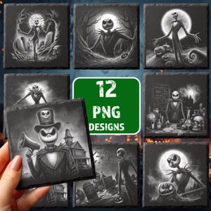 Könnte beinhalten: Eine Sammlung von 12 PNG-Designs mit Illustrationen einer skelettartigen Figur in verschiedenen Szenen. Die Designs in Schwarzweiß haben ein gruseliges Halloween-Thema. Die Figur wird vor einem Vollmond, auf einem Friedhof und in einem Labor dargestellt.