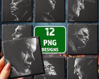 May include: A collection of 12 PNG designs featuring portraits of horror movie characters, including Michael Myers, Jason Voorhees, and Freddy Krueger. The designs are in black and white and are displayed on square, dark-colored coasters.