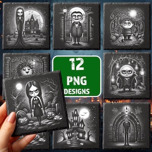Halloween Gotisk Familj PNG-paket för lasergravering | Skifferunderläggsdesigner | Glowforge xTool LightBurn | Digital nedladdning