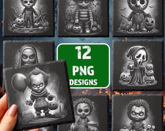 May include: A collection of 12 PNG designs featuring spooky Halloween characters, including Michael Myers, Freddy Krueger, and Pennywise. Each design is a black and white illustration on a square background, perfect for seasonal crafts and decorations.