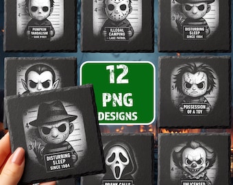 May include: A collection of black square coasters with cartoon illustrations of horror movie characters, each holding a sign. The coasters feature text like "Pumpkin Vandalism" and "Disturbing Sleep Since 1984". A green sign reads "12 PNG DESIGNS".