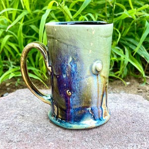 Handmade Stoneware Mug – Large 15 oz Blue to Purple Ceramic Coffee Mug, Wheel Thrown Pottery, Large Handle, Beer or Tea Cup, M #26