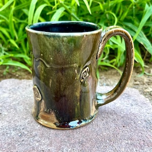 Handmade Stoneware Mug – 12 oz Green Ceramic Coffee Mug, Wheel Thrown Pottery, Large Handle, Beer or Tea Mug, M #27