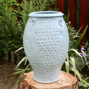 Celadon Blue Porcelain Vase: Hand-Stamped Ceramic Home Decor