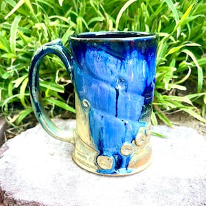 Extra Large Stoneware Mug, 20 oz., Large Blue and Gold Ceramic Mug M #26, Large Handle, Handmade Coffee Mug, Beer, Tea