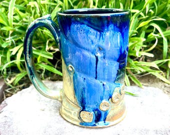 Extra Large Stoneware Mug: Handmade Blue and Gold Ceramic Coffee Mug (20 oz.)