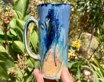 Tall Stoneware Travel Mug, 16 oz., Handmade Blue to Gold Ceramic Coffee Mug, Beer Mug, Pint, Travel Mug
