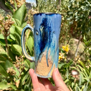 Tall Stoneware Travel Mug, 16 oz., Handmade Blue to Gold Ceramic Coffee Mug, Beer Mug, Pint, Travel Mug