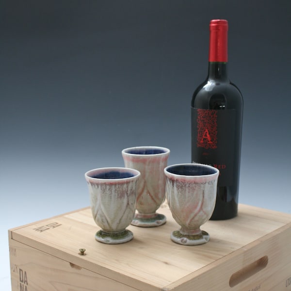 Pink Shino Ceramic Cups, Clay Pottery Wine Glass Set, Unique Soda Fired Set, Pink Pottery Set of Three