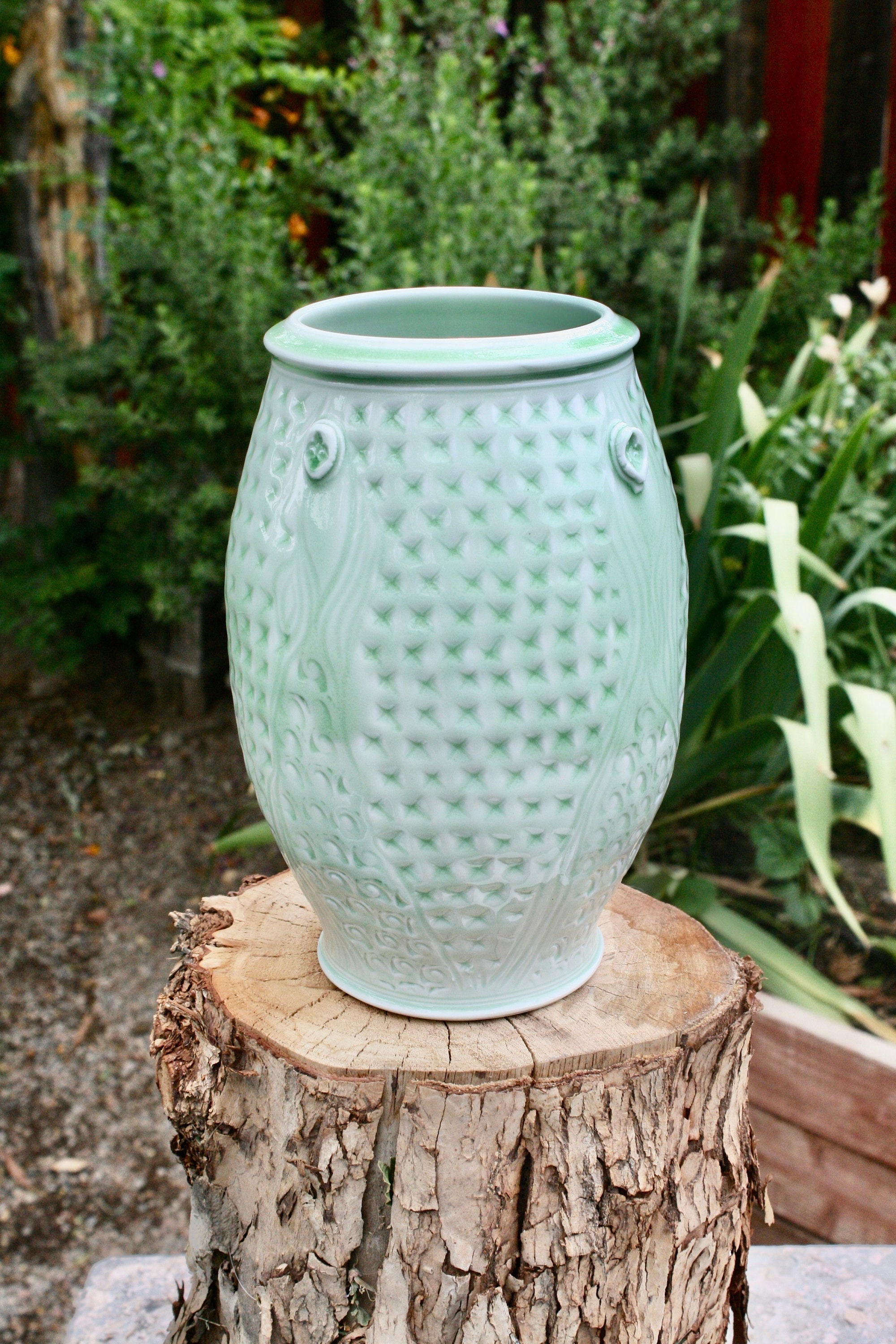 Celadon Apple Green Porcelain Vase Hand-stamped Ceramic Home Decor