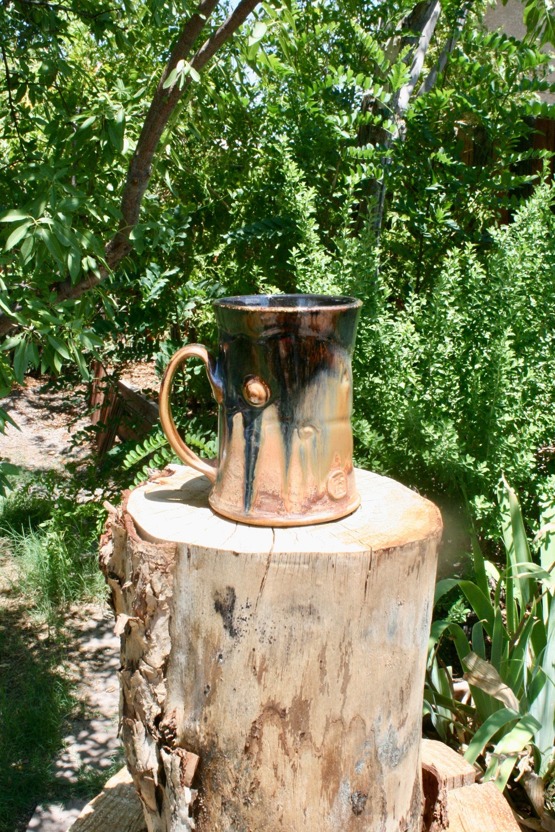 Large Stoneware Mug, 14 Oz, Wheel Thrown Amber to Gold Mug 05, Wide Base Ceramic Mug, Ceramic