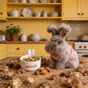 May include: A gray rabbit wearing a pink sweater sits on a wooden table next to a white bowl filled with food. The bowl has a bunny ear design and the name "wendi" in orange. Dried flowers are scattered around the table.